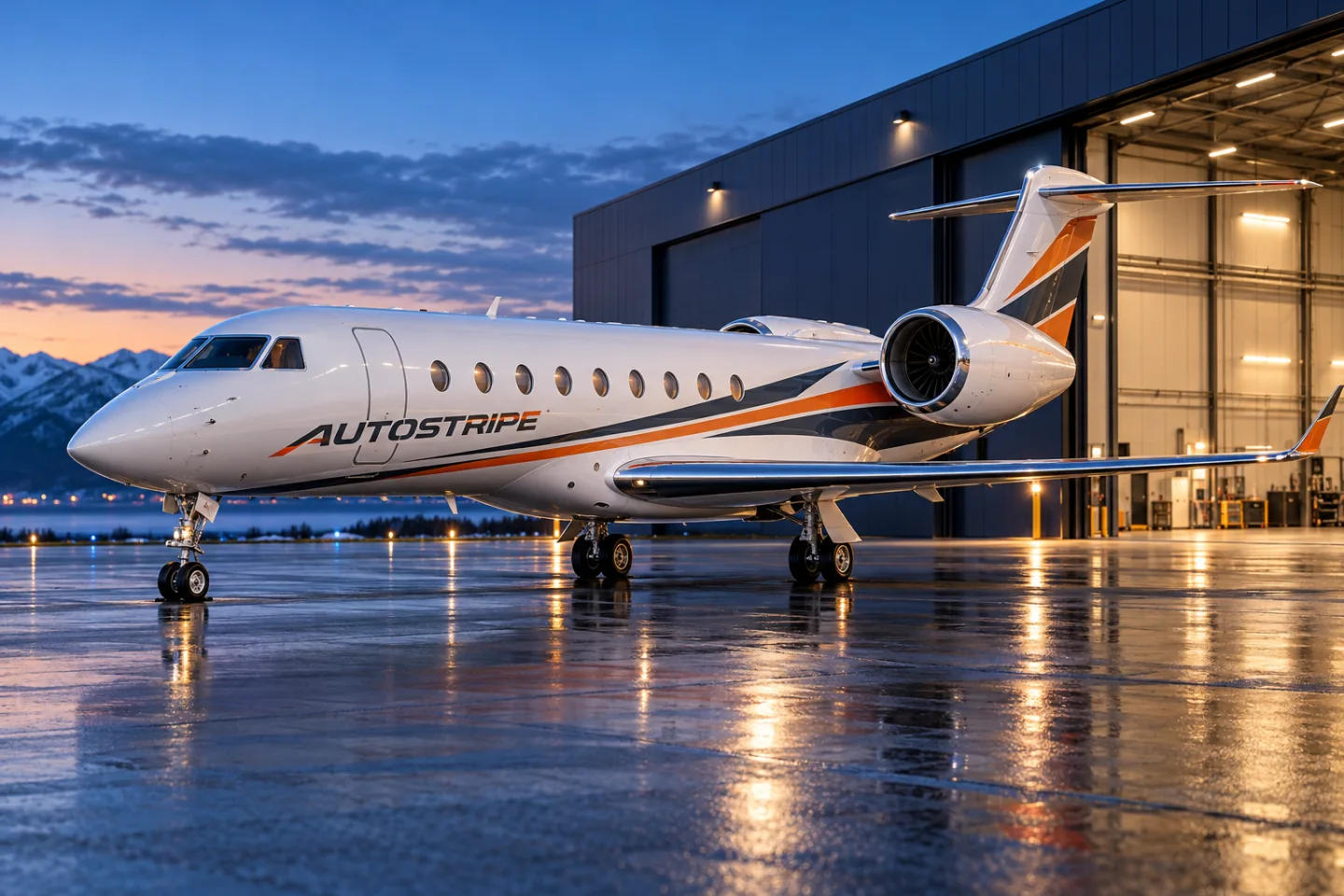 AI-koncept: Privatjet med orange linjer och Autostripe-dekor vid en hangar