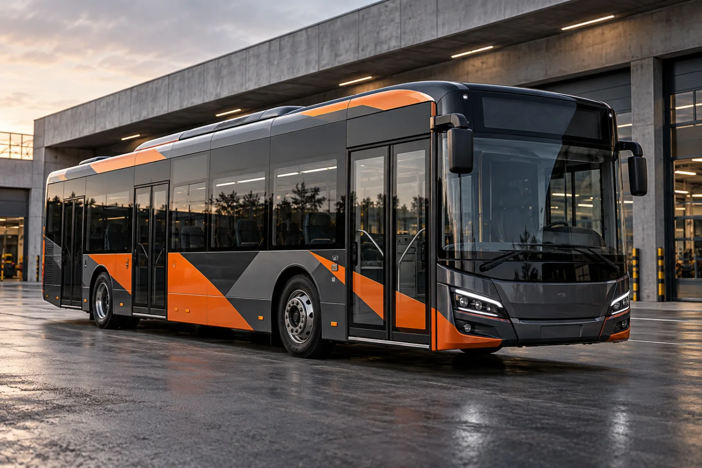 AI-koncept: Stadsbuss med geometrisk orange fordonsdekor