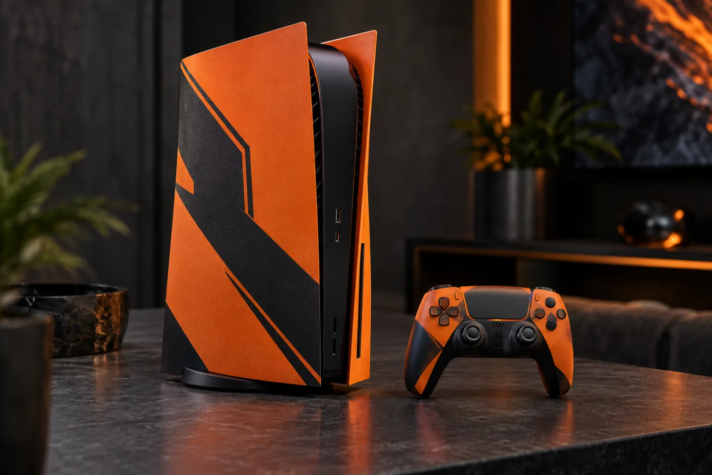 AI-koncept: PS5 och handkontroll med orange och svart skin