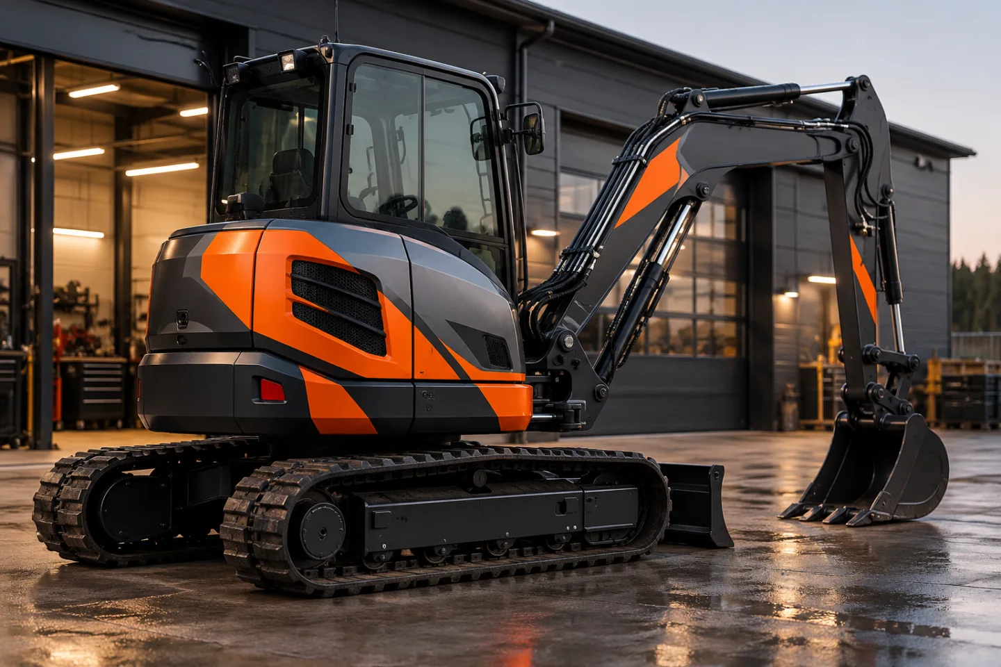 AI-koncept: Grävmaskin med orange dekorfält på mörk kaross
