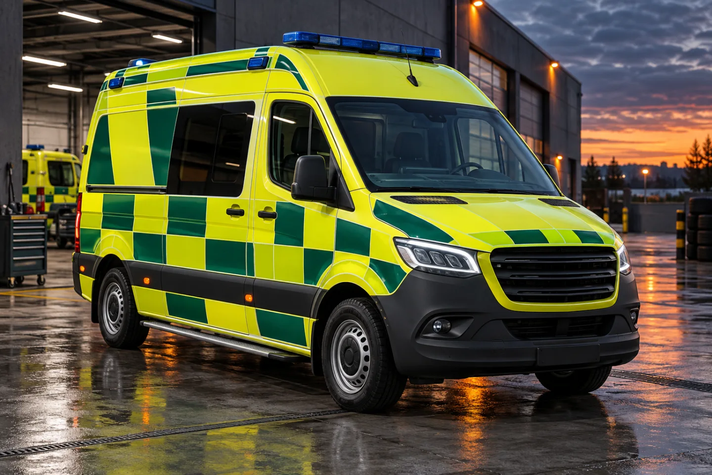 AI-koncept: Ambulans med gul och grön reflexdekor utanför en verkstad