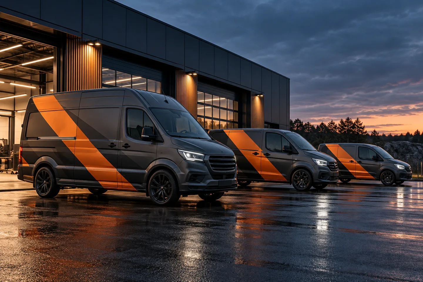 AI-koncept: Tre servicebilar med sammanhållen dekor i grafit och orange utanför en verkstad