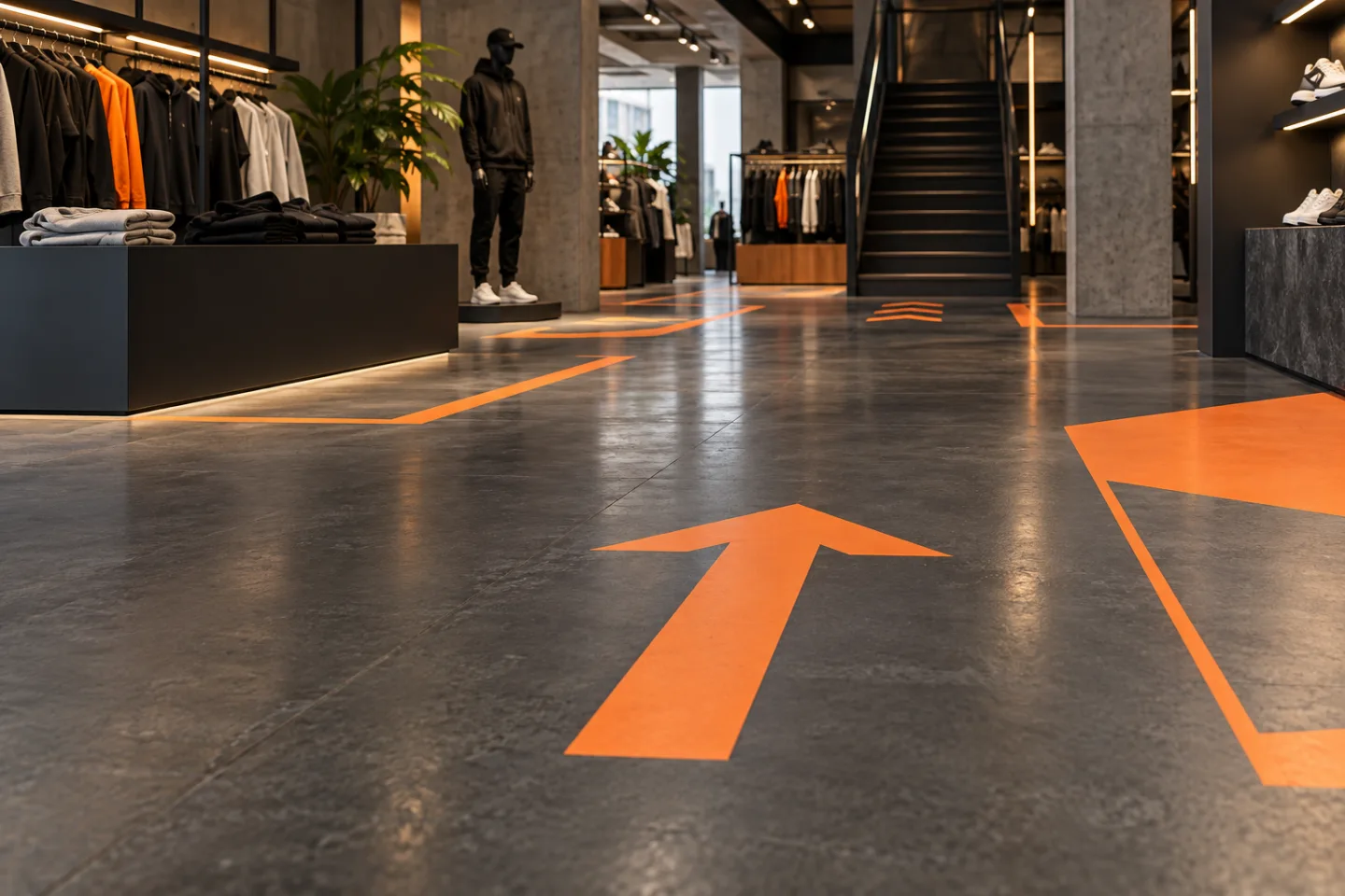 AI-koncept: Orange vägvisande golvdekor i en butik