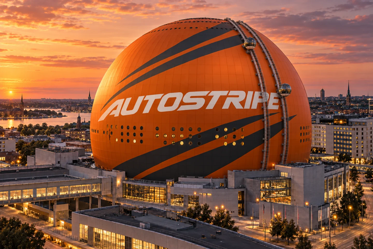 AI-koncept: Fantasibild av Globen, Avicii Arena, folierad i orange med Autostripe-dekor