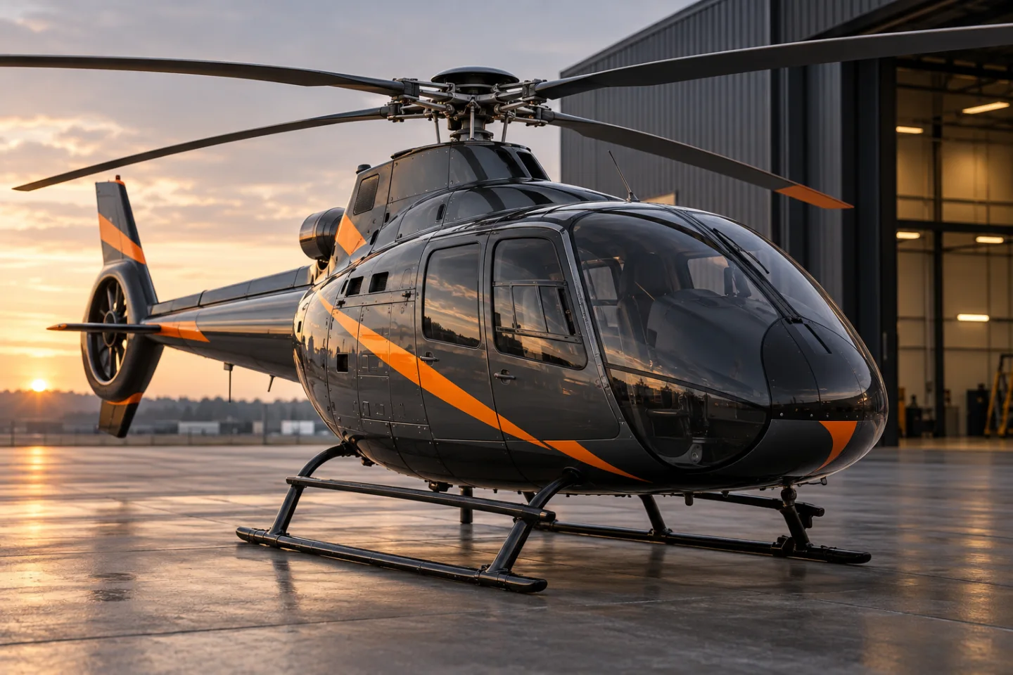 AI-koncept: Civil helikopter med orange dekorlinjer framför en hangar
