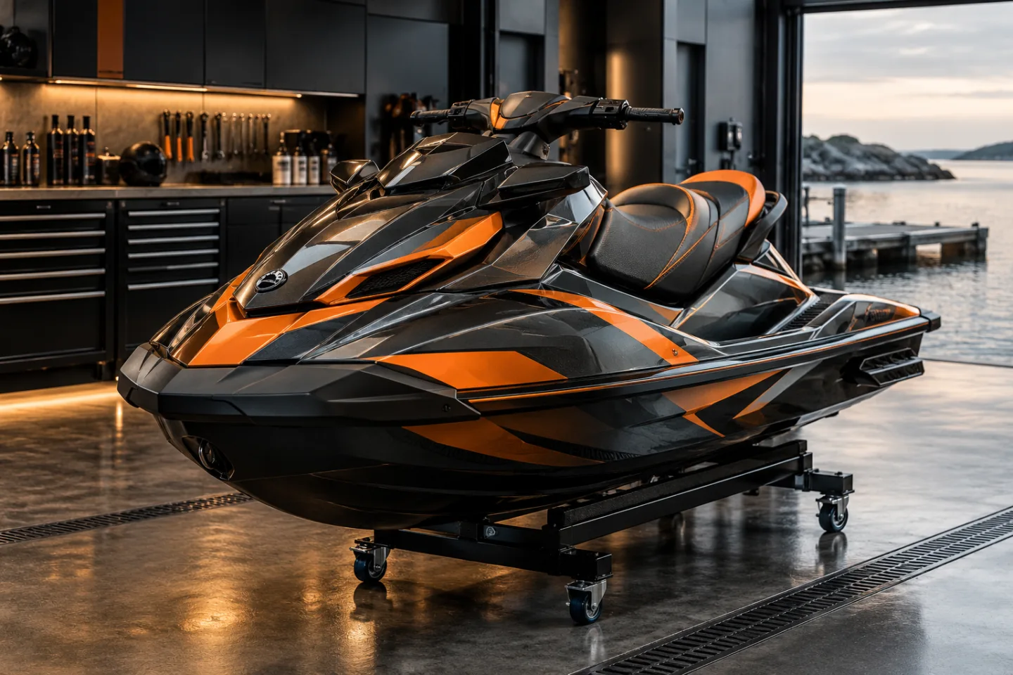 AI-koncept: Vattenskoter med geometrisk orange dekor i en marin verkstad