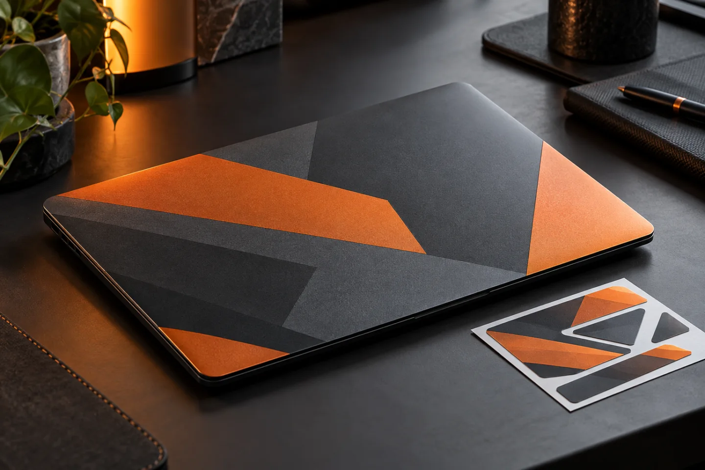 AI-koncept: Laptop med orange och grafitgrå skin och matchande dekaler