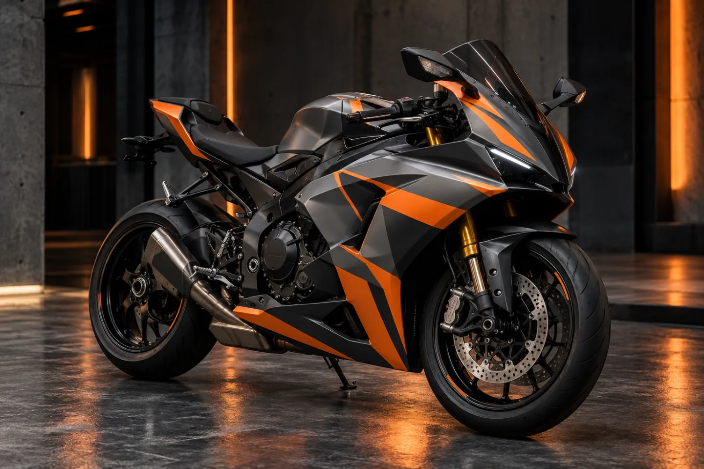 AI-koncept: Sportmotorcykel med orange och grafitgrå dekor på kåporna