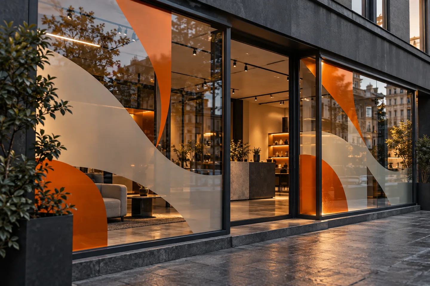 AI-koncept: Skyltfönster med orange och frostad fönsterdekor