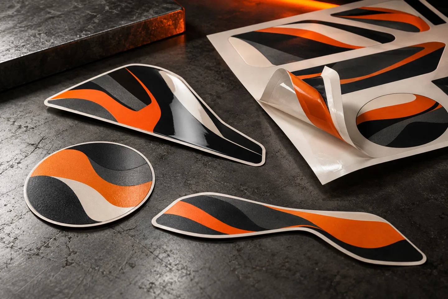 AI-koncept: Formskurna stickers och dekalark i orange, grafit och vitt