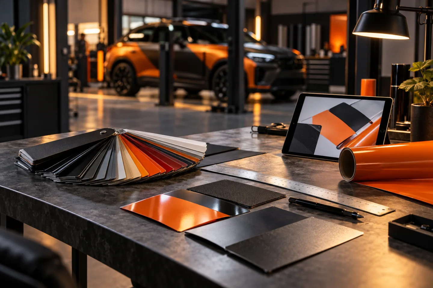 AI-koncept: Arbetsbord med folieprover, ritverktyg och en surfplatta