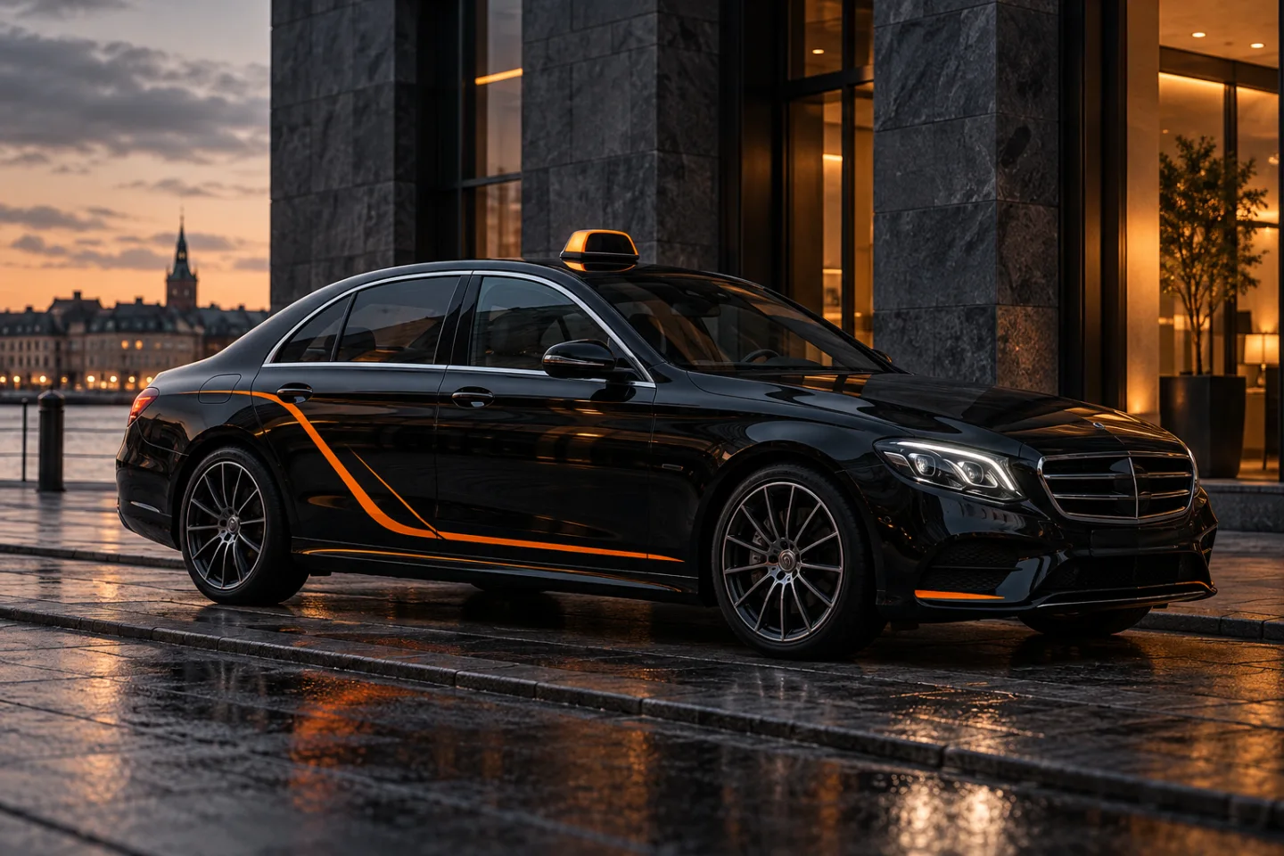 AI-koncept: Svart taxibil med diskret orange dekor vid en stadsbyggnad