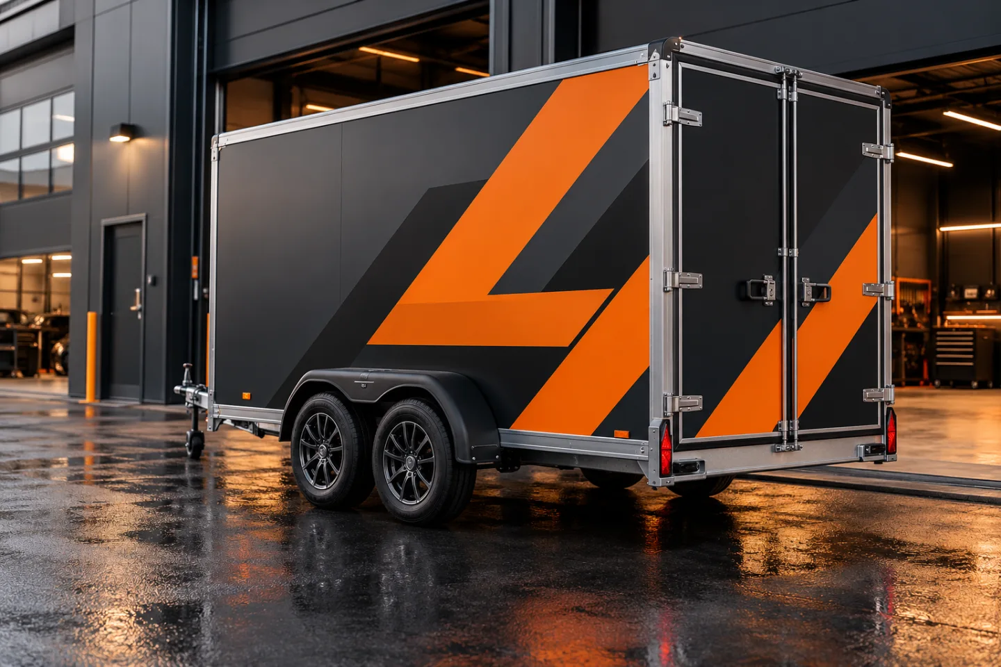 AI-koncept: Täckt släp med svart och orange dekor vid en lastkaj