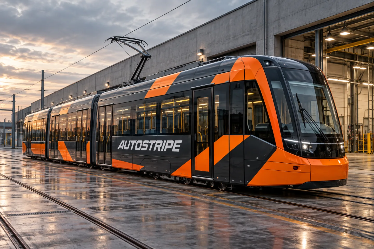 AI-koncept: Spårvagn med orange dekor och Autostripe-text vid en depå