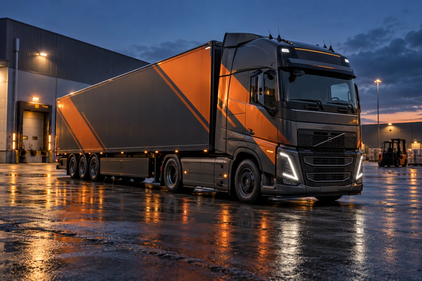 AI-koncept: Lastbil med orange och grafitgrå dekor på hytt och trailer