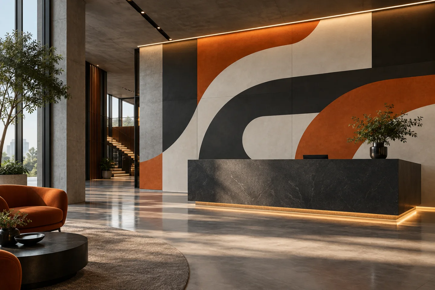 AI-koncept: Stor orange, vit och grafitgrå väggdekor i en reception