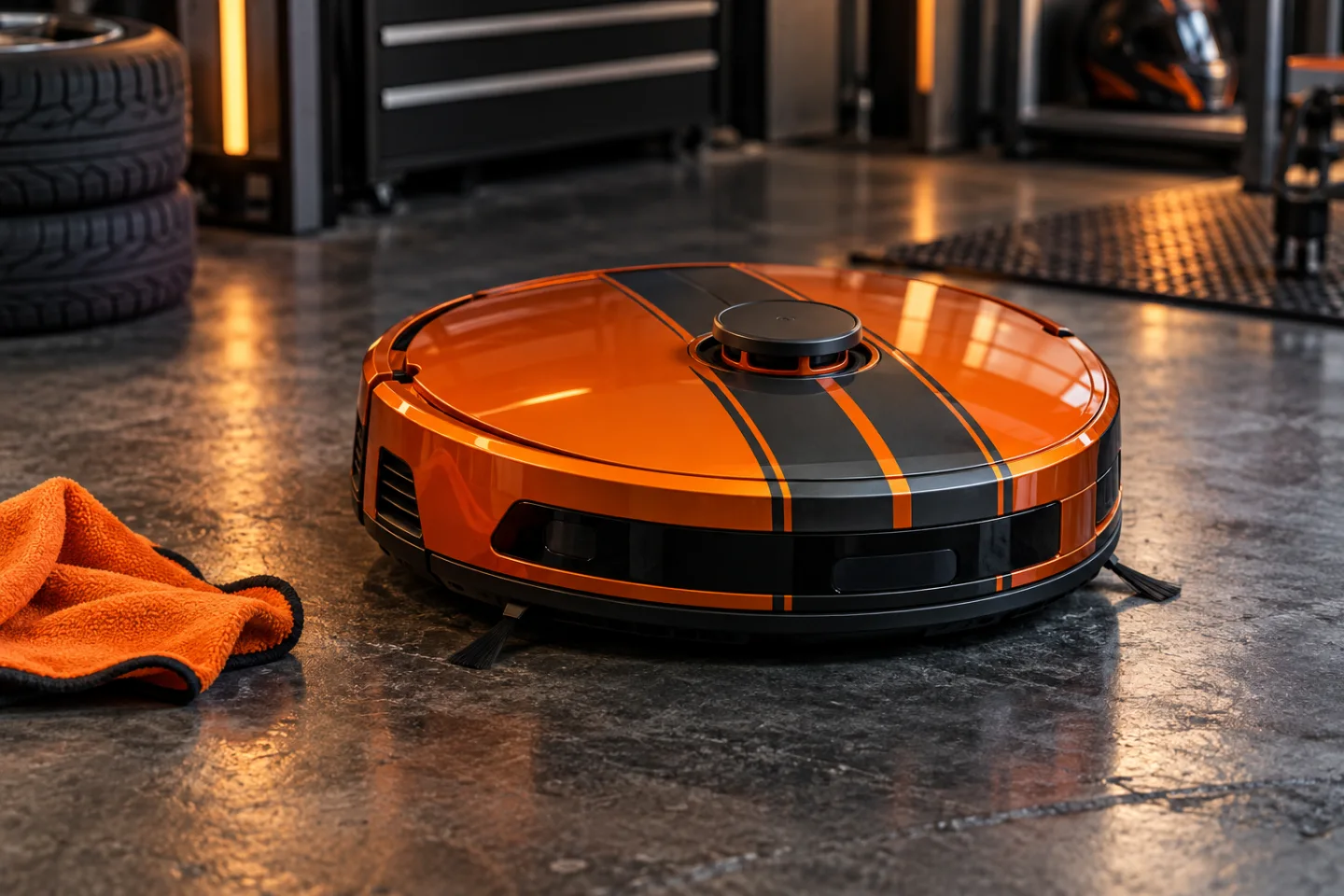 AI-koncept: Robotdammsugare med orange racingdekor i en bilstudio
