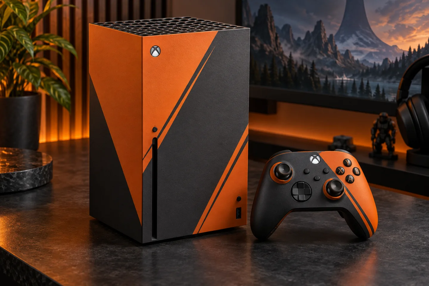 AI-koncept: Xbox Series X och handkontroll med orange och grafitgrå skins