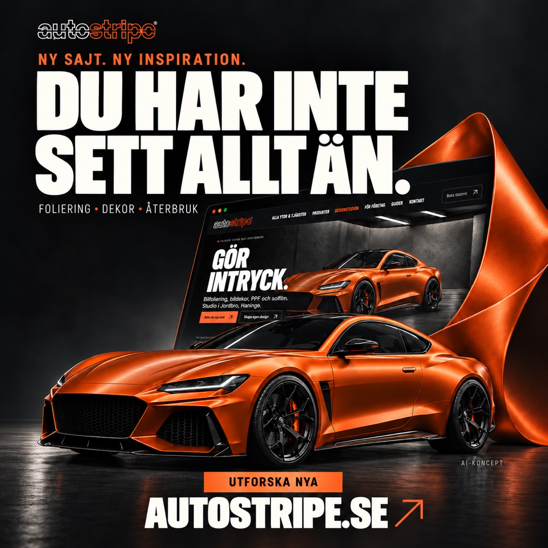 Autostripes nya webbplats med orange konceptbil och rubriken Du har inte sett allt än.